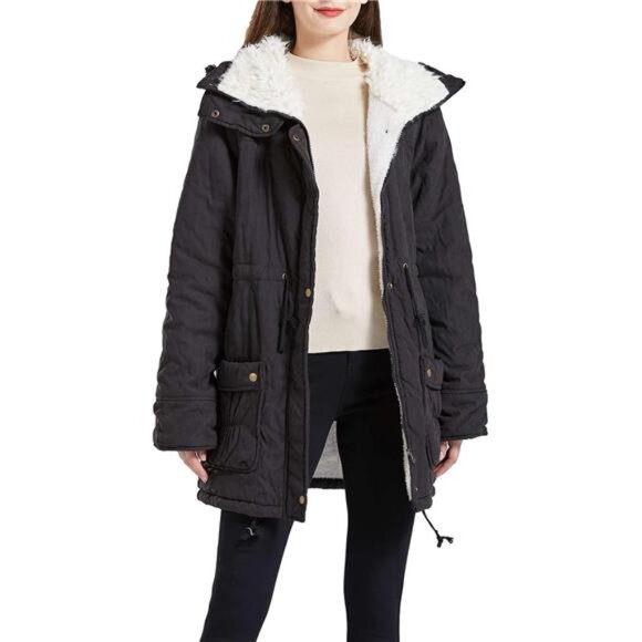 Women's Mid-Length Winter Jacket - Thick Warm Coat with Faux Lamb Wool Lining - Picture 4 of 8